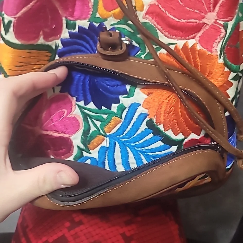Embroidered Floral Leather-Trim Backpack Purse- Multicolor